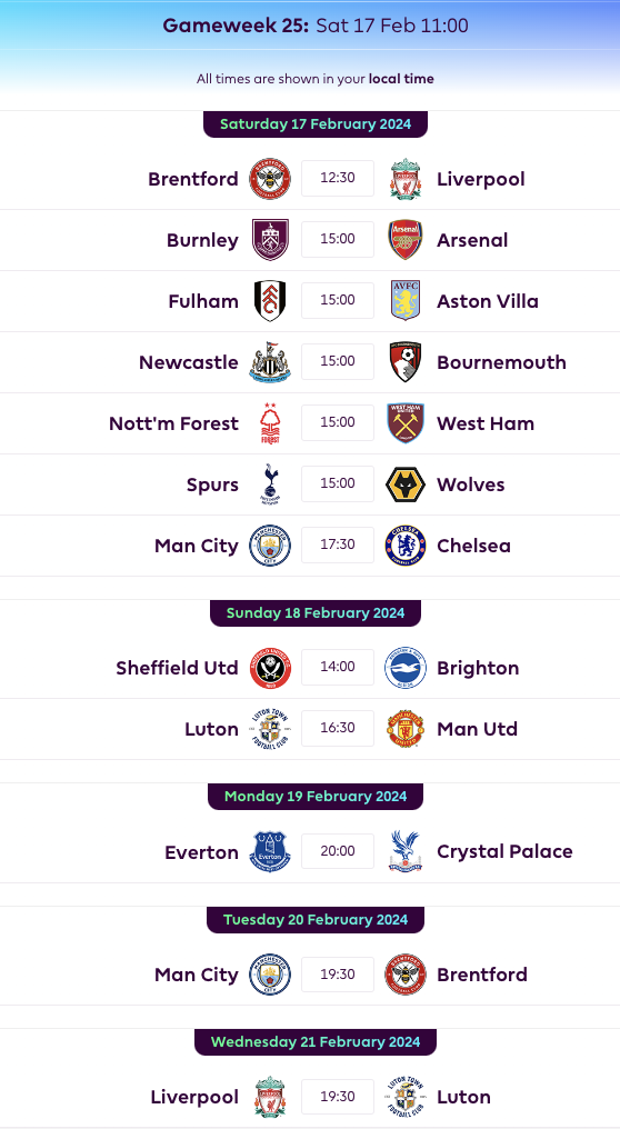 FPL GW25 Fixtures
